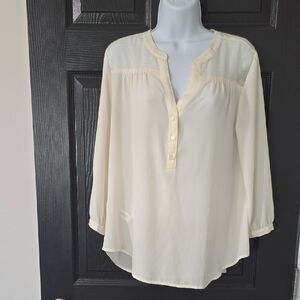 Ann Taylor Cream Split-Neck Semi-Sheer Blouse